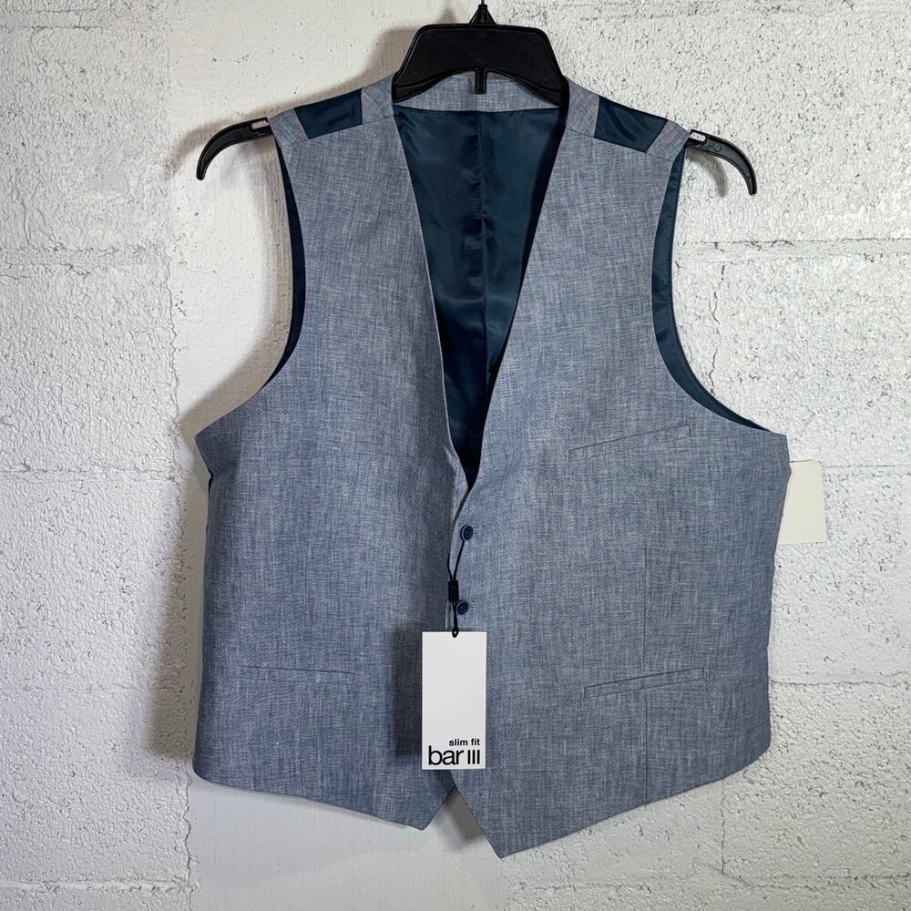 Bar III Men's Slim-Fit White 100% Linen Suit Vest blue XL $115